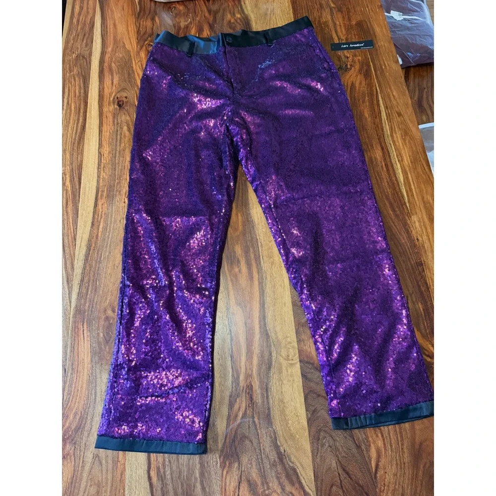 Lars Amadeus Mens Purple Sequin Dress Pants Stage Party Trousers Size 36 New